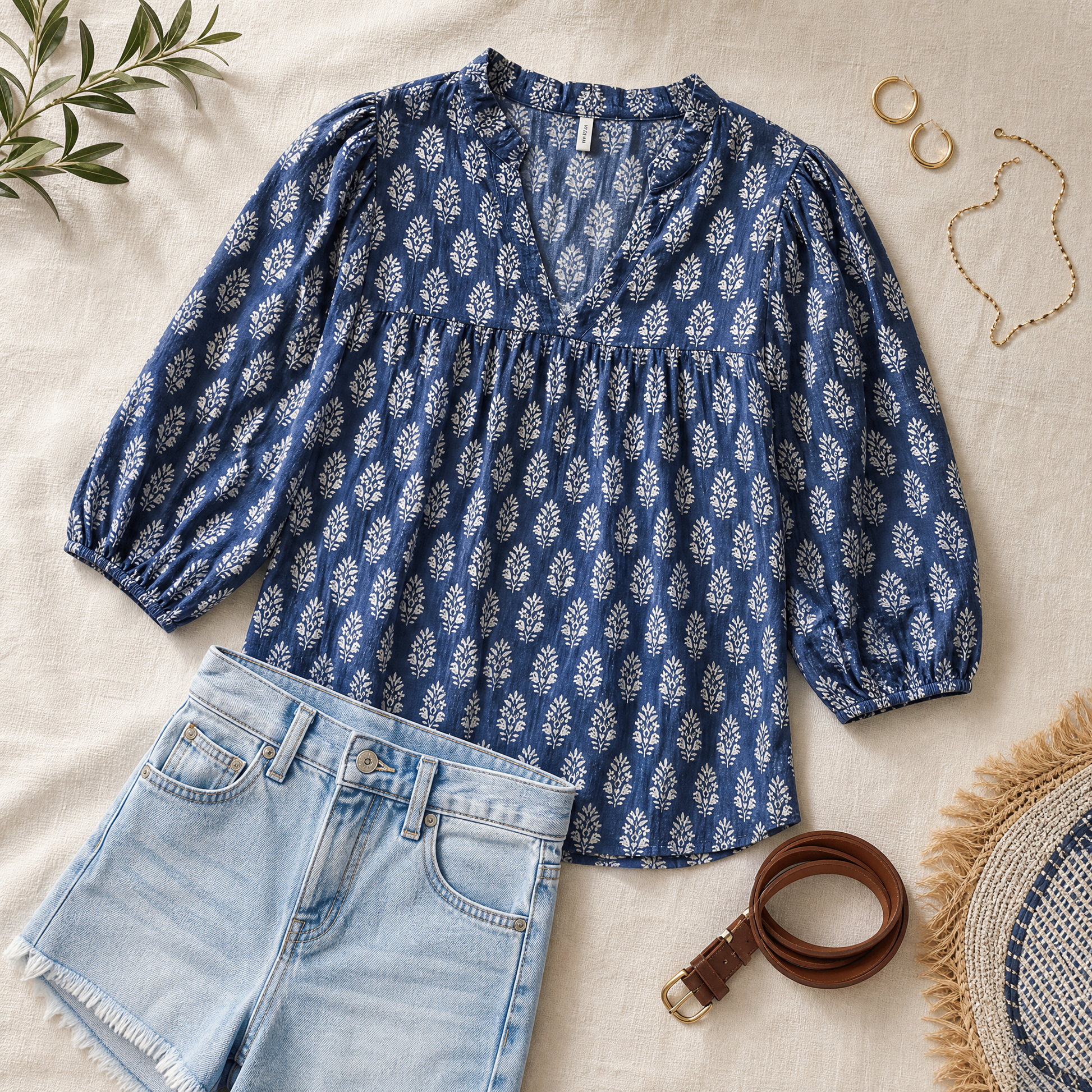 Block-Print V-Neck Summer Blouse — View 5 | Clova