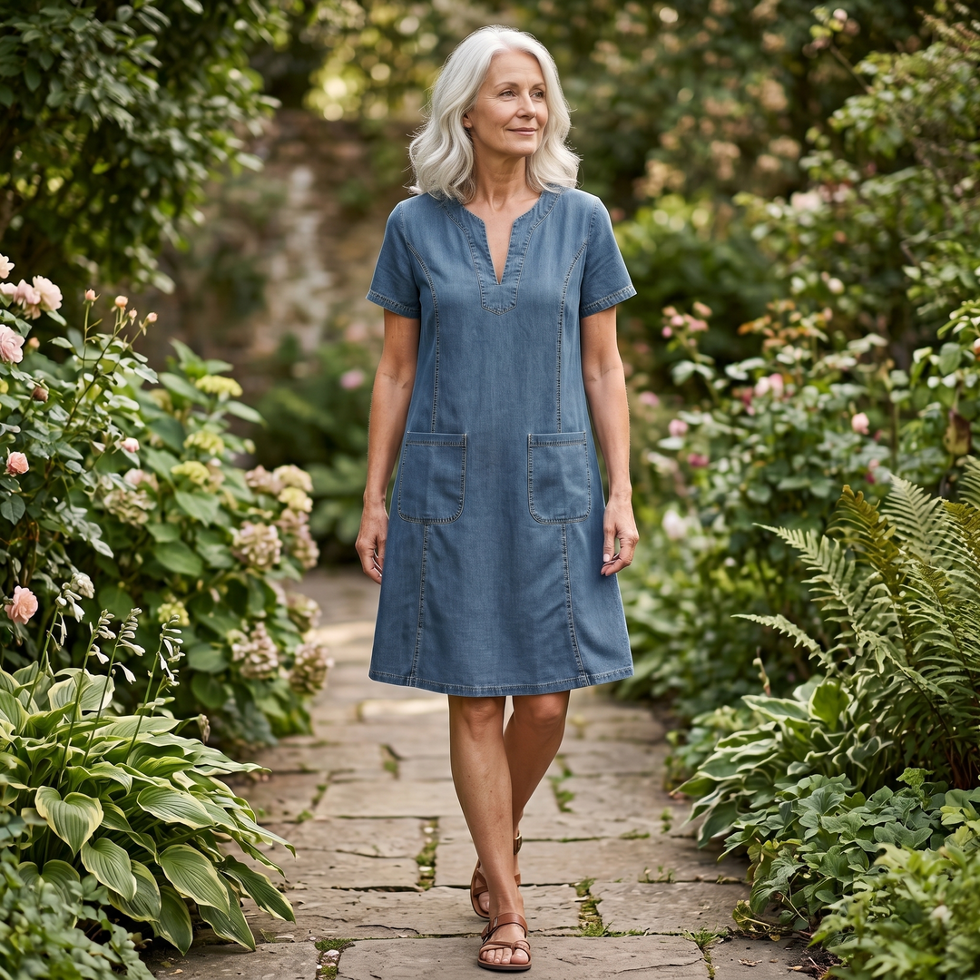 V-Neck Denim Dress with Pockets — View 5 | Clova