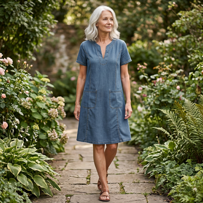 V-Neck Denim Dress with Pockets — View 5 | Clova