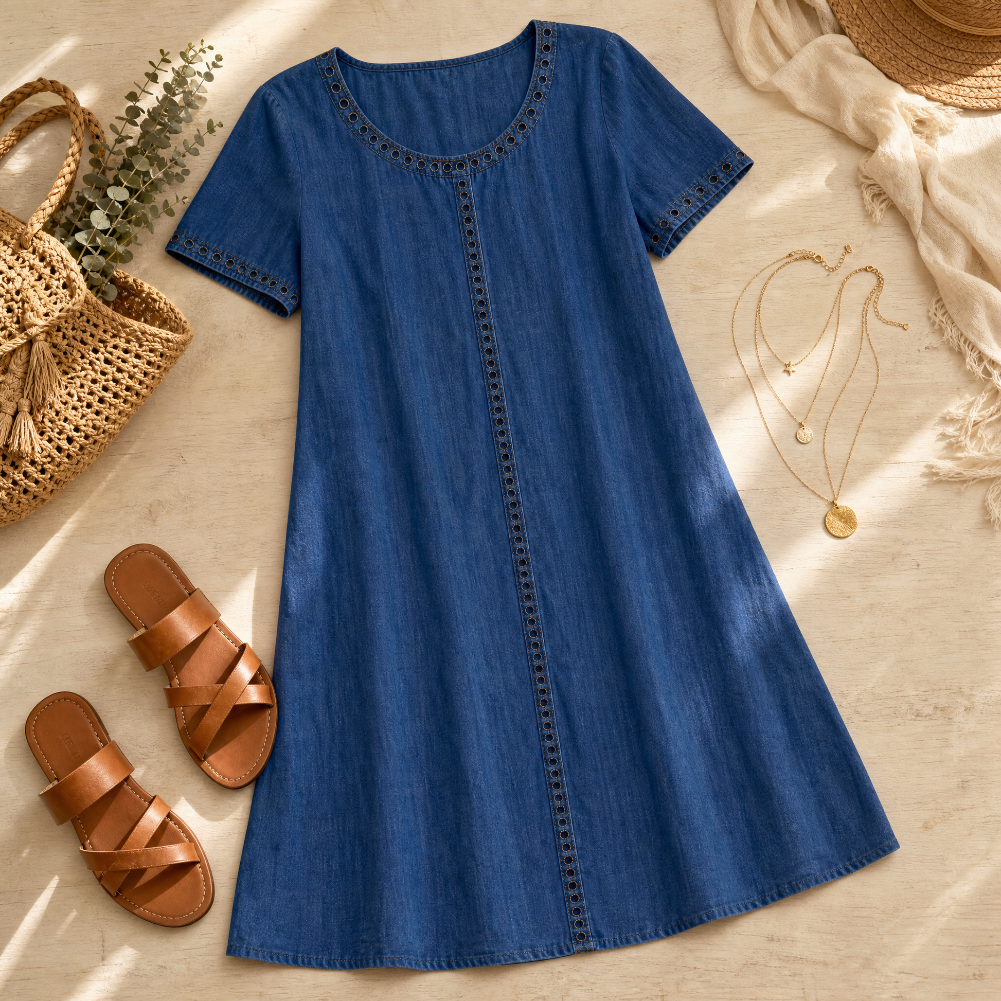 Lunavia Eyelet Trim Linen Midi Dress for Effortless Summer Style — View 5 | Clova