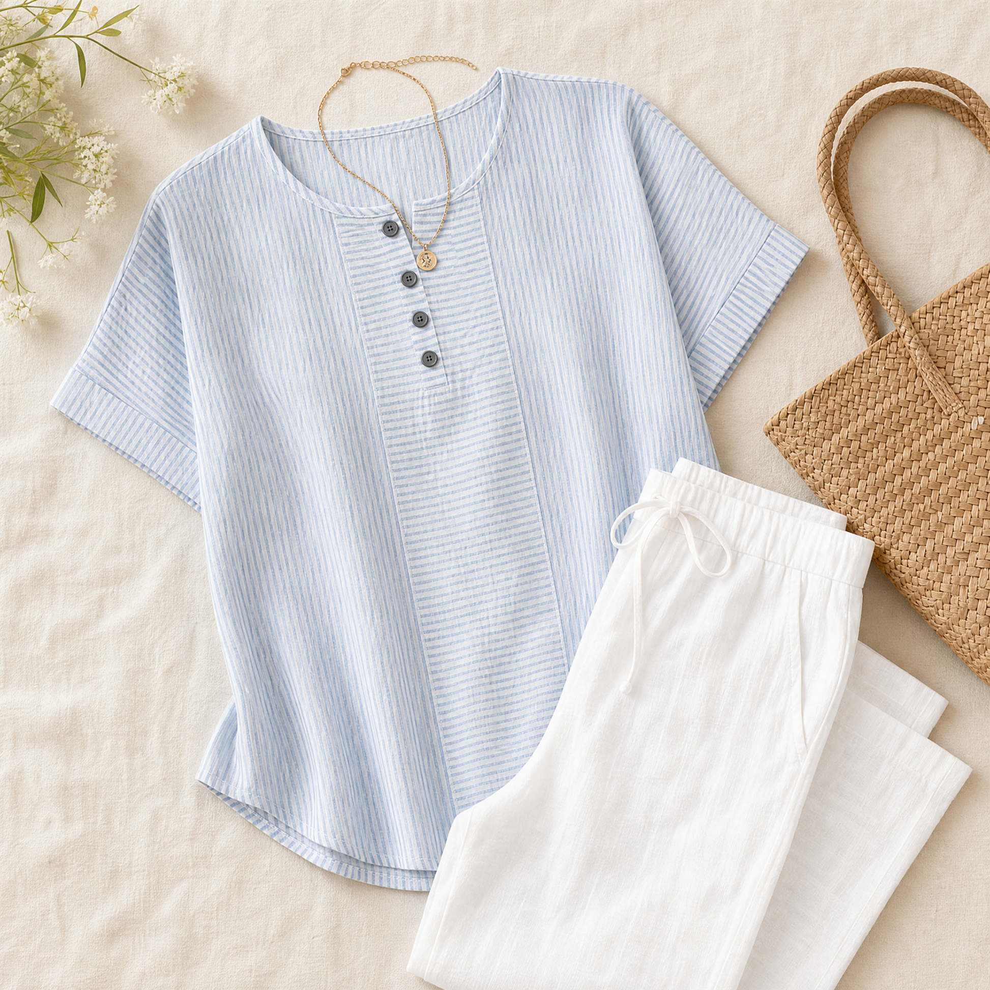 Striped Henley Top with Slimming Stripe Panel — View 5 | Clova