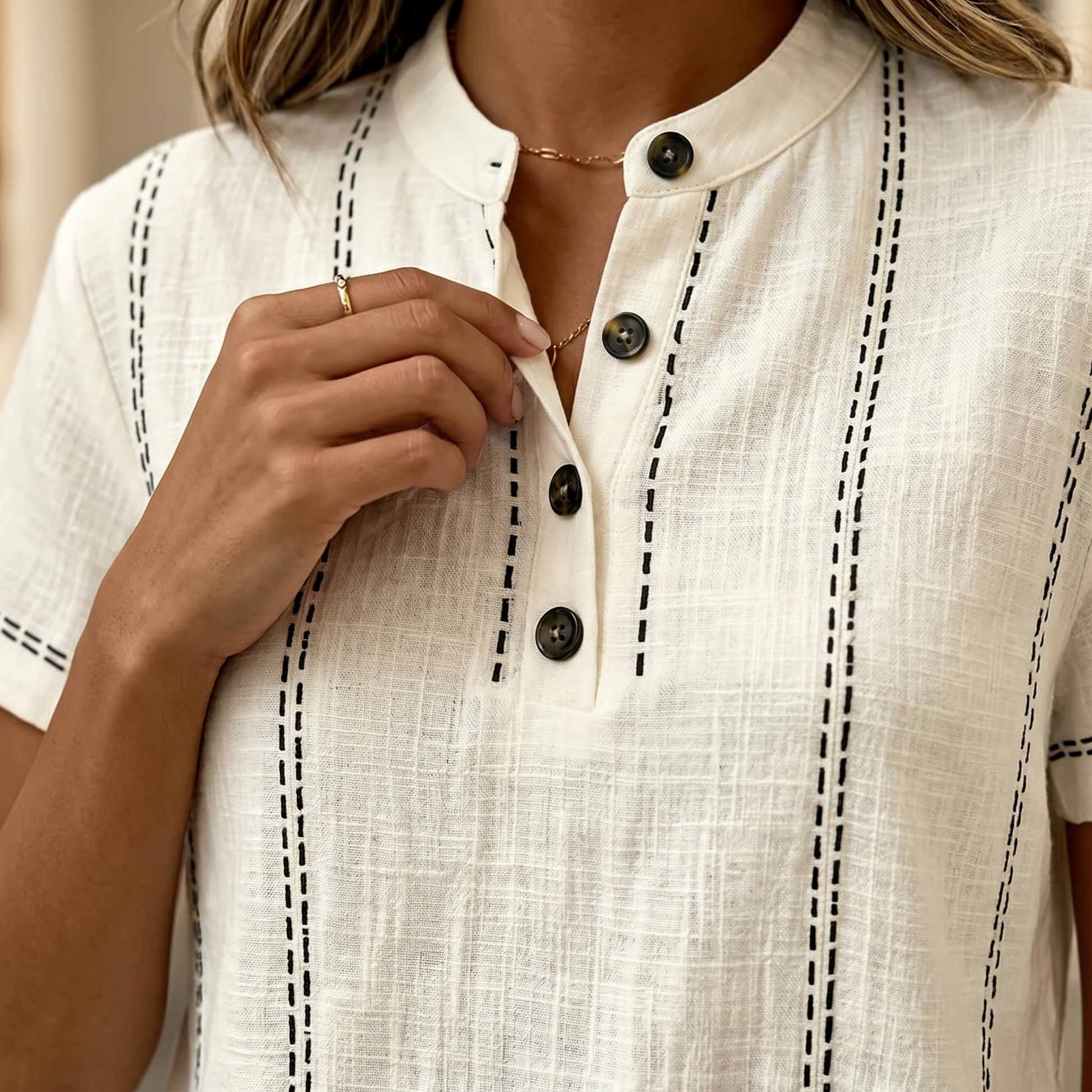 Stitched Henley Top — View 5 | Clova