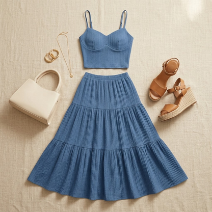 Solavie Tiered Maxi Skirt & Cami Matching Set — View 5 | Clova