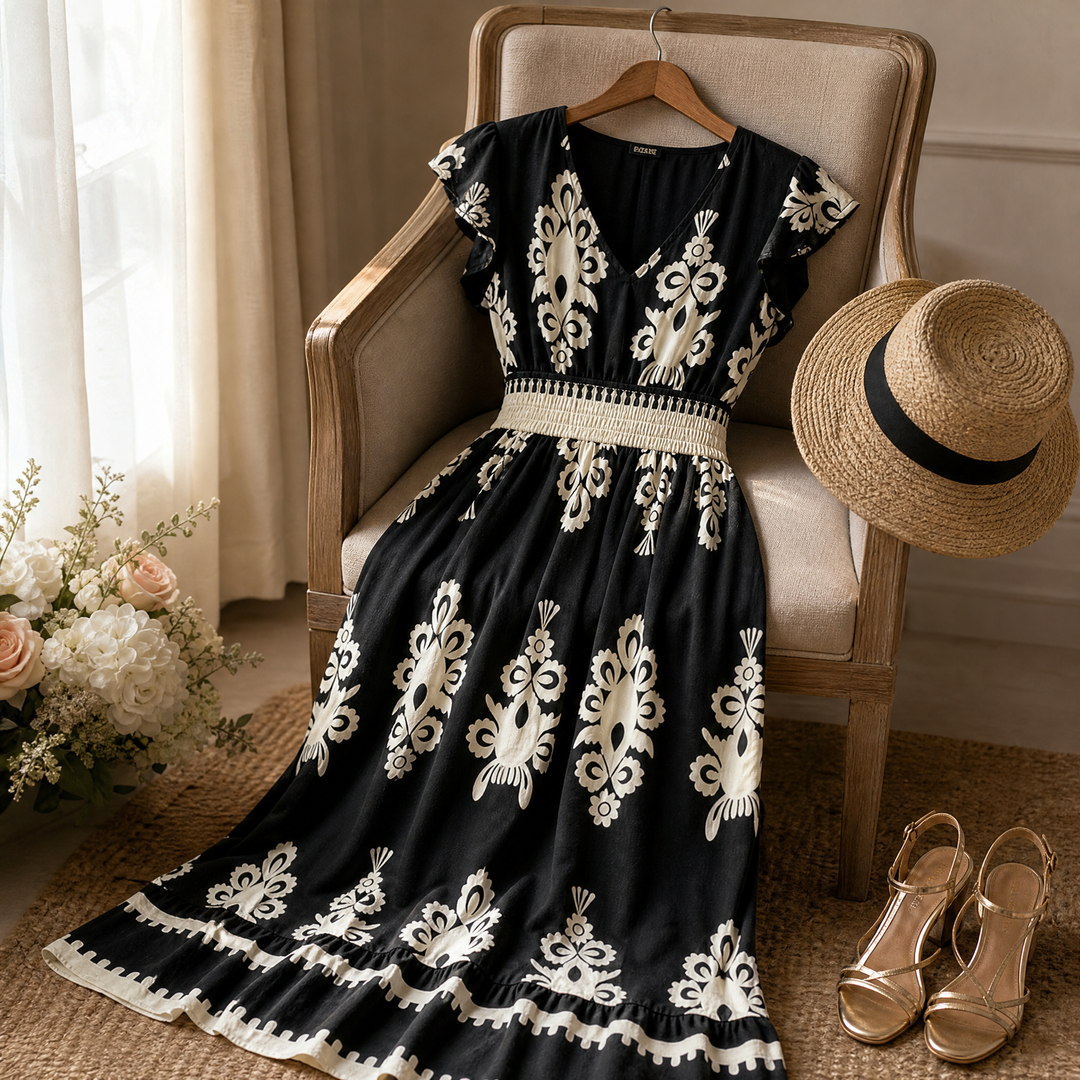 Damask Print Midi Dress with V-Neck — View 6 | Clova