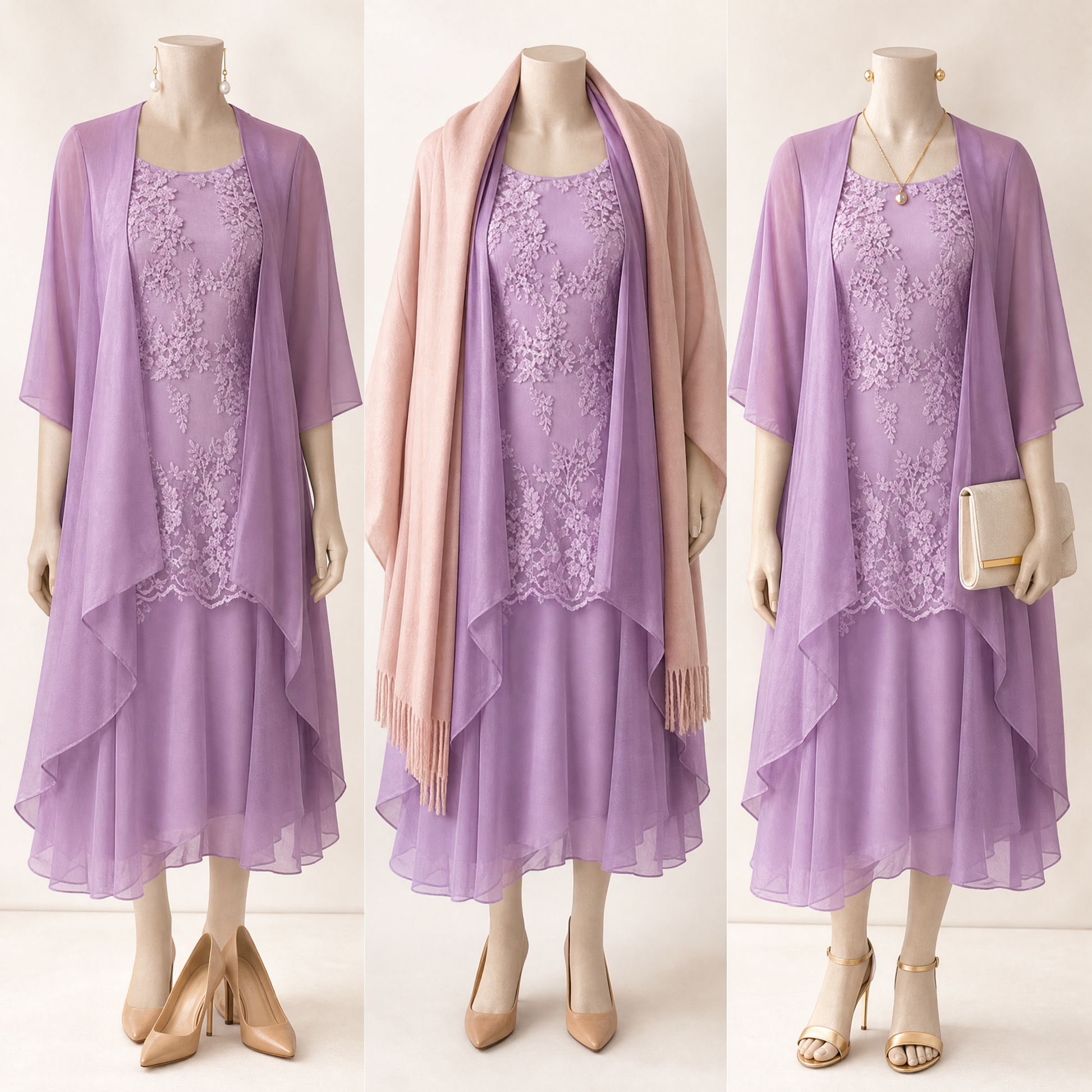 Lunavia Floral Lace Dress Set with Chiffon Shawl — View 6 | Clova