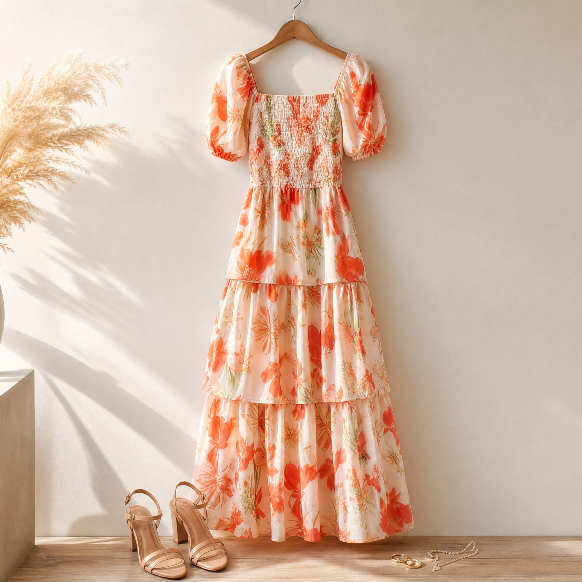 Smocked Square-Neck Floral Maxi — View 6 | Clova
