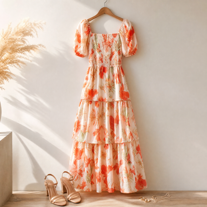 Smocked Square-Neck Floral Maxi — View 6 | Clova