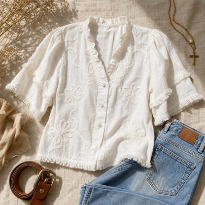 Embroidered Ruffle Blouse — View 6 | Clova