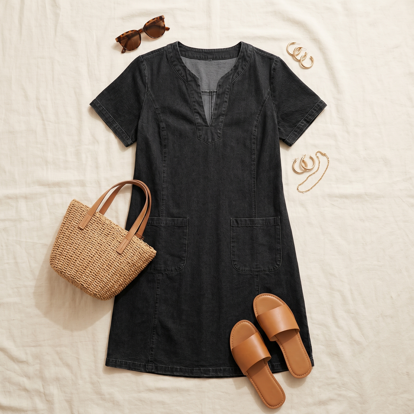 V-Neck Denim Dress with Pockets — View 6 | Clova