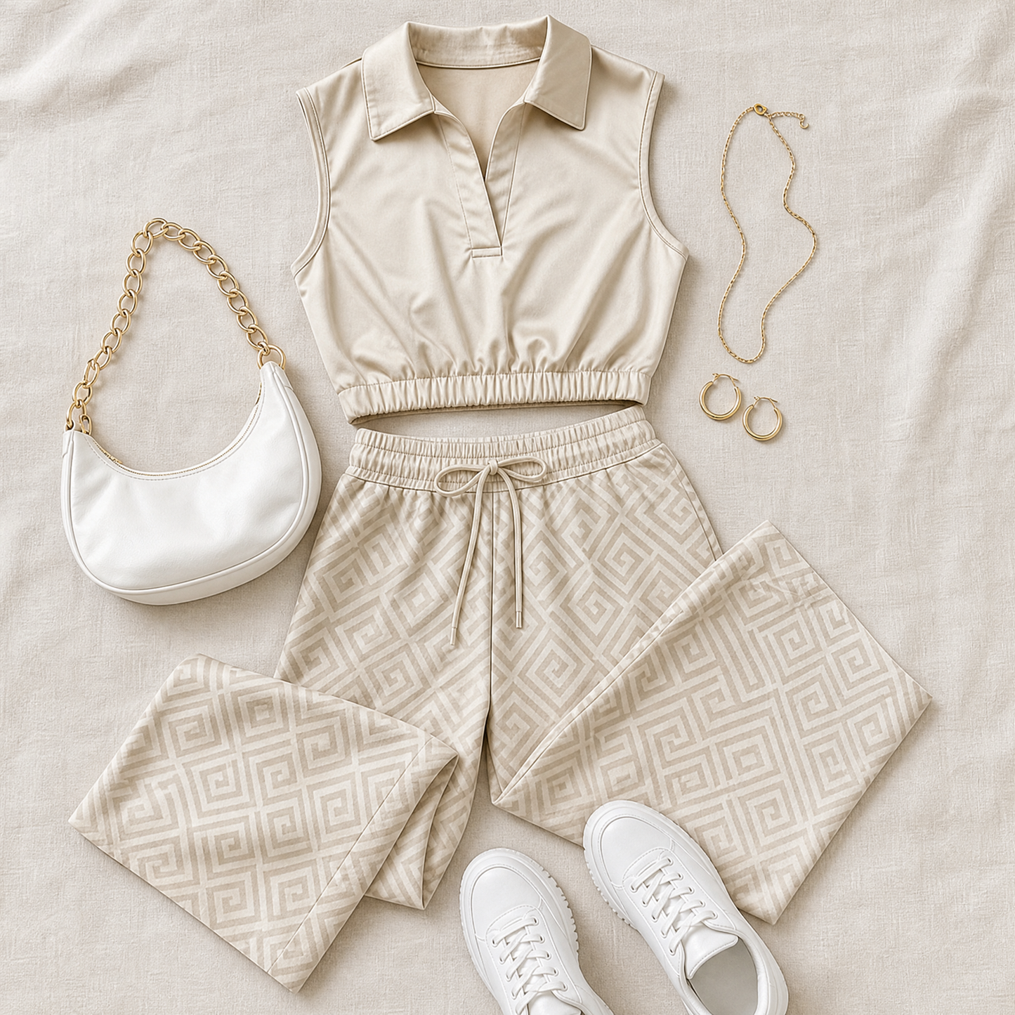 Collared Two-Piece Set with Drawstring Wide-Leg Pants — View 6 | Clova