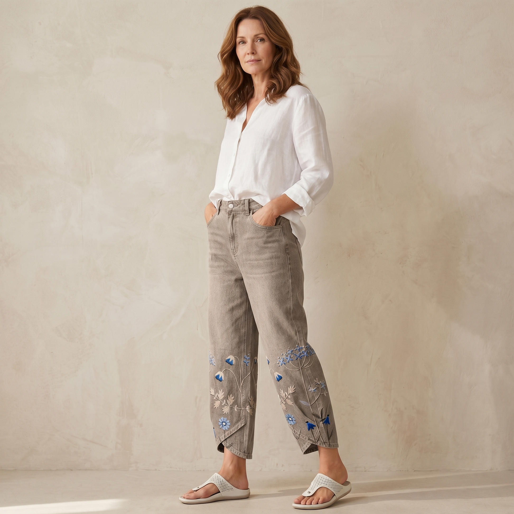 Embroidered Wide-Leg Jeans with Tulip Hem — View 6 | Clova