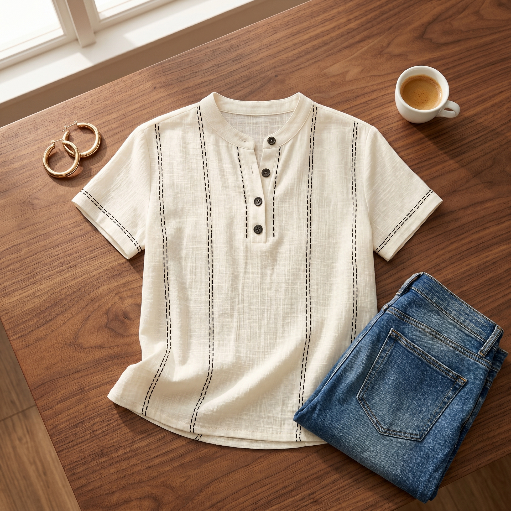 Stitched Henley Top — View 6 | Clova