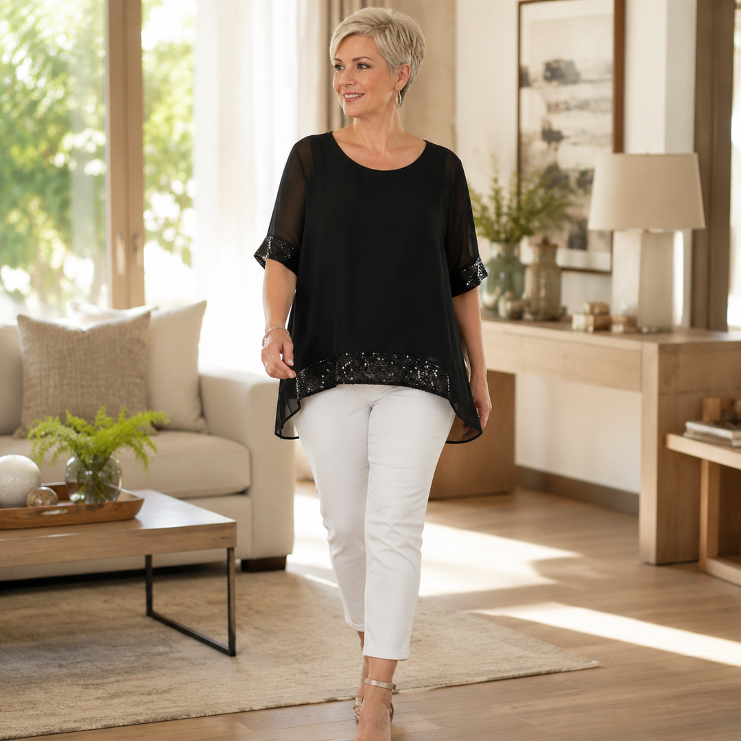 Sequin Trim Layered Chiffon Top — View 5 | Clova