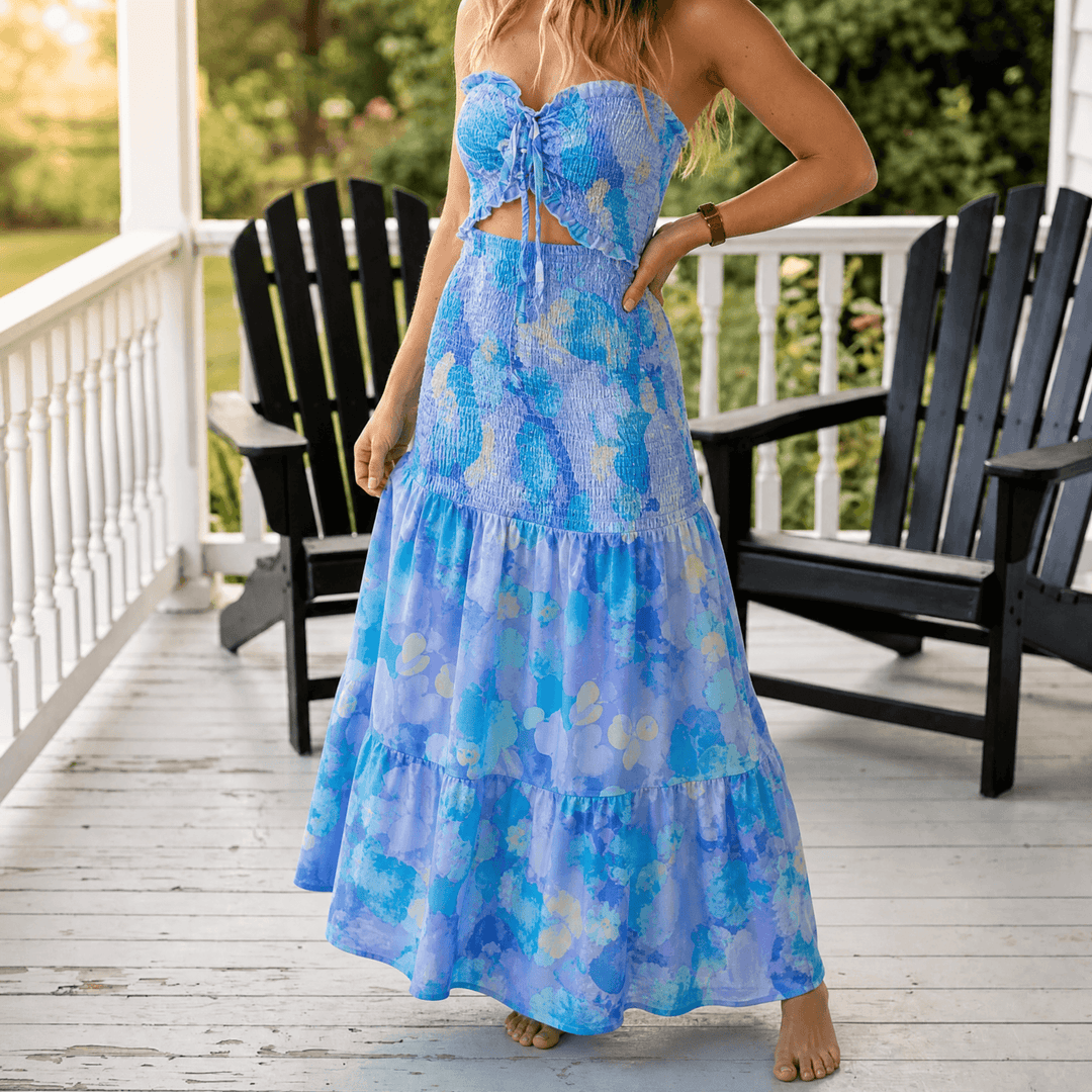 Palm-Print Strapless Maxi Dress — View 12 | Clova