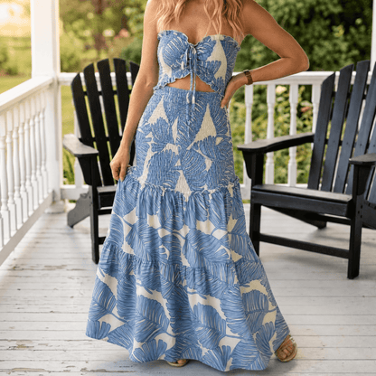 Palm-Print Strapless Maxi Dress — View 10 | Clova