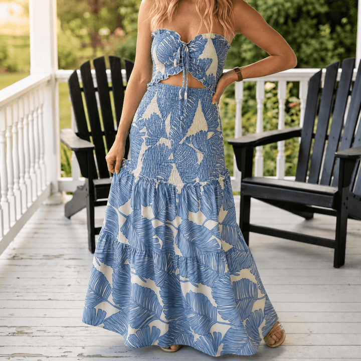 Palm-Print Strapless Maxi Dress — View 10 | Clova