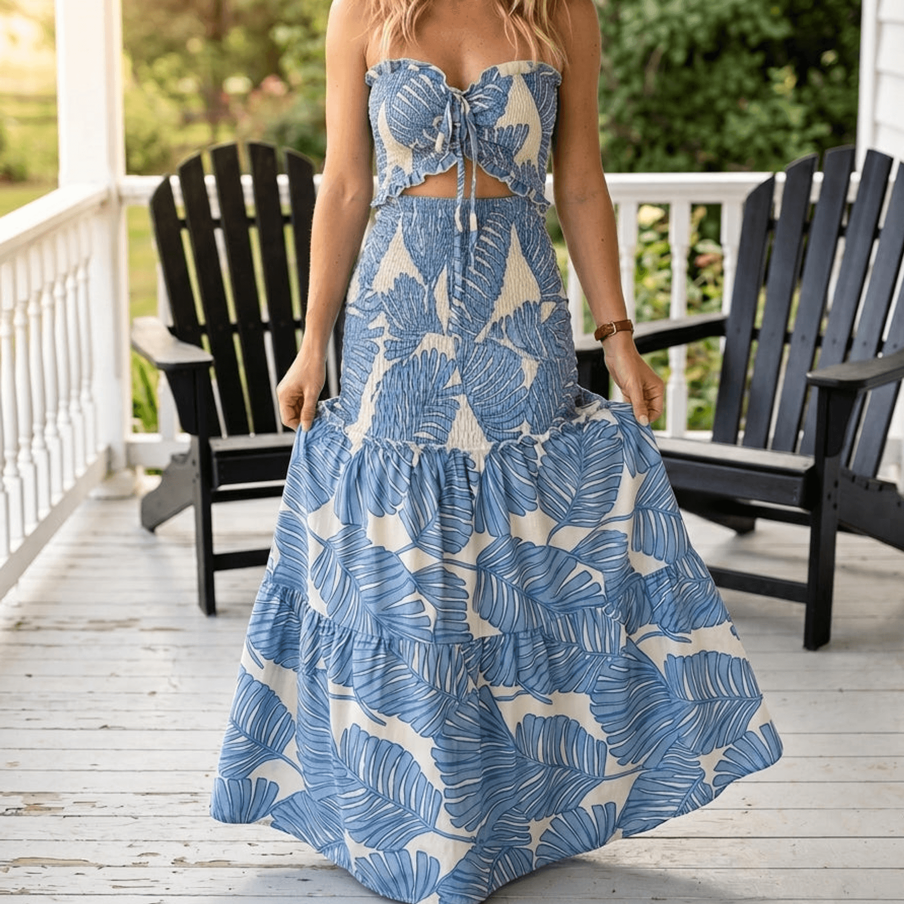 Palm-Print Strapless Maxi Dress | Clova Women's Fashion