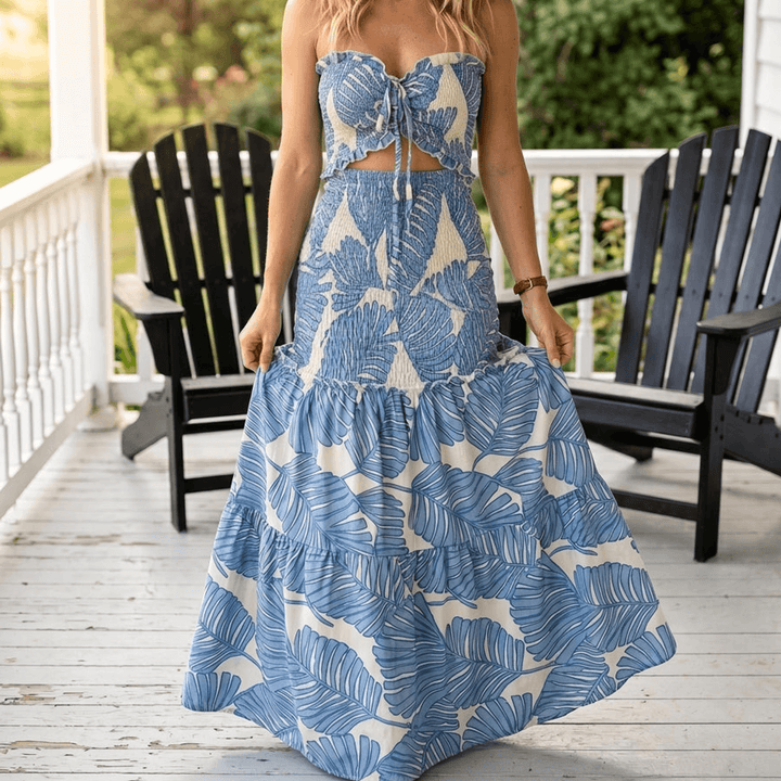 Palm-Print Strapless Maxi Dress | Clova Women&