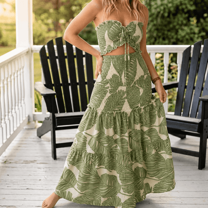 Palm-Print Strapless Maxi Dress — View 11 | Clova
