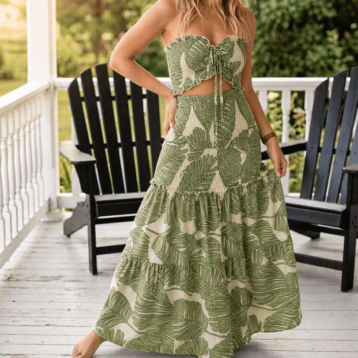 Palm-Print Strapless Maxi Dress — View 11 | Clova