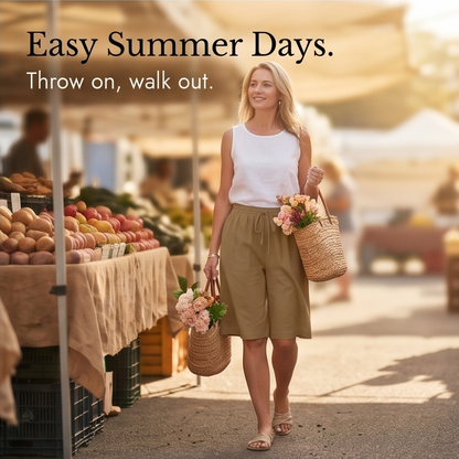Wide-Leg Drawstring Shorts with Smocked Waist — View 9 | Clova