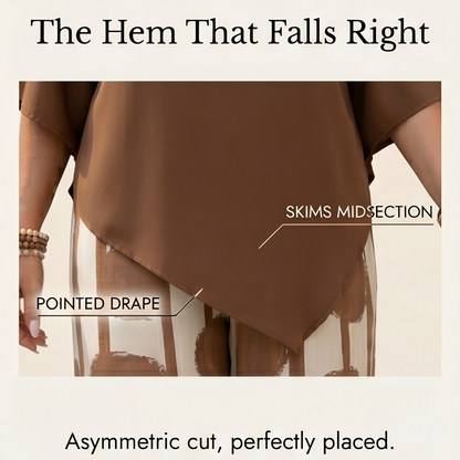 Asymmetric Drape 2-Piece Set with Wide-Leg Print Pants — View 5 | Clova