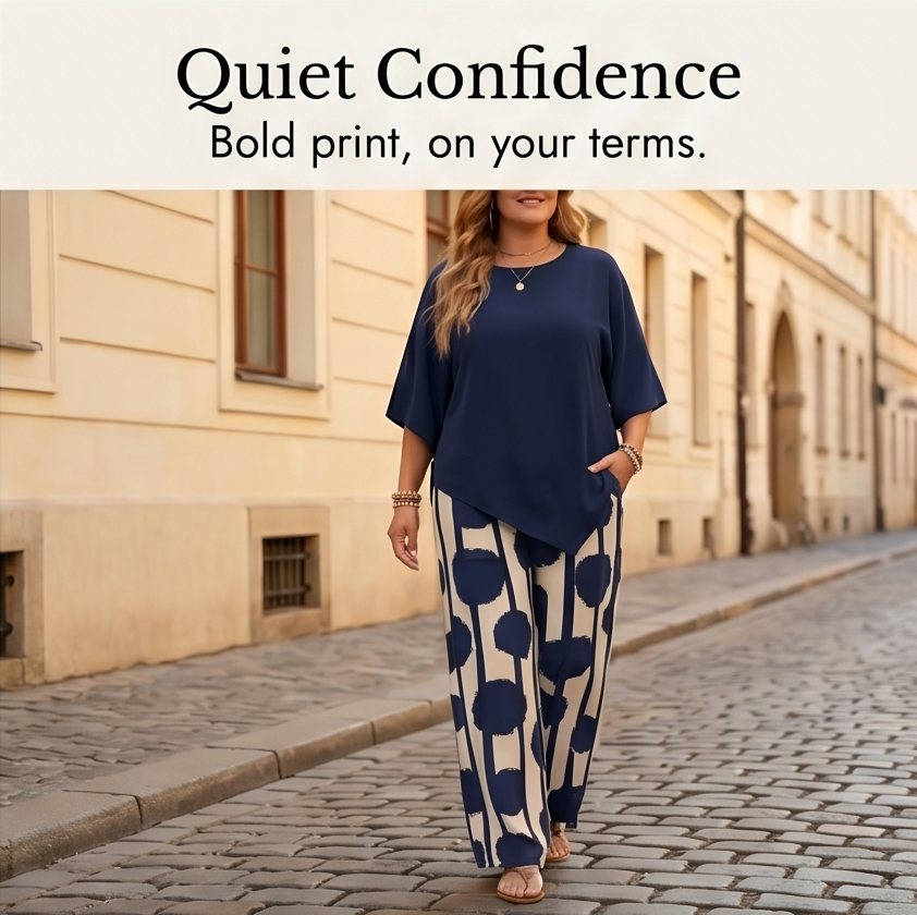 Asymmetric Drape 2-Piece Set with Wide-Leg Print Pants — View 7 | Clova
