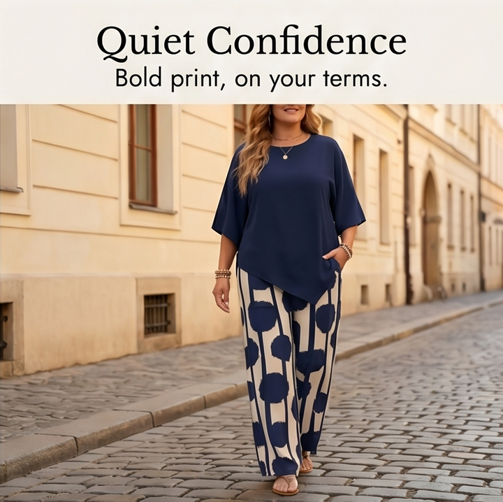 Asymmetric Drape 2-Piece Set with Wide-Leg Print Pants — View 7 | Clova