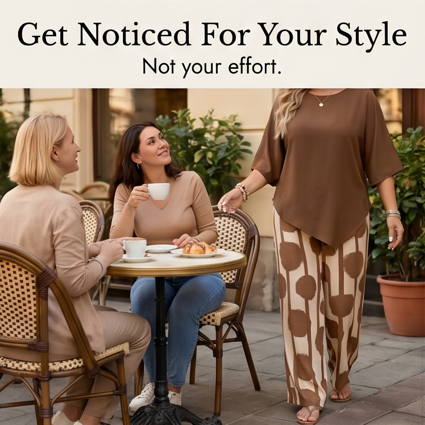 Asymmetric Drape 2-Piece Set with Wide-Leg Print Pants — View 8 | Clova