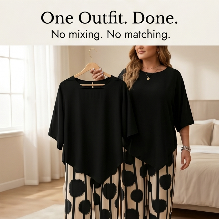 Asymmetric Drape 2-Piece Set with Wide-Leg Print Pants — View 9 | Clova