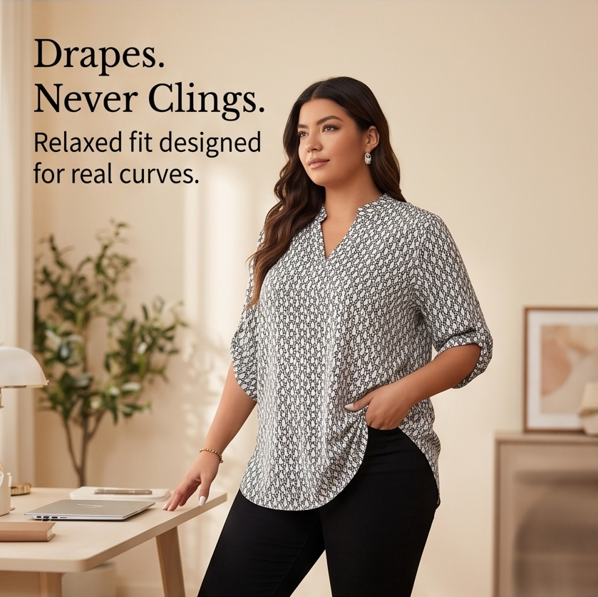 Lunavia Geometric V-Neck Blouse with Roll-Tab Sleeves — View 4 | Clova