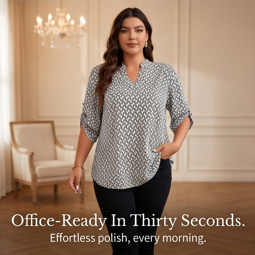 Lunavia Geometric V-Neck Blouse with Roll-Tab Sleeves — View 6 | Clova