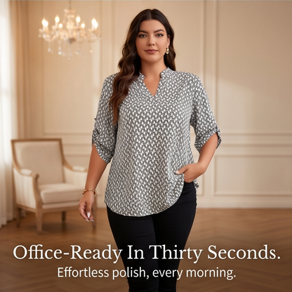 Lunavia Geometric V-Neck Blouse with Roll-Tab Sleeves — View 6 | Clova