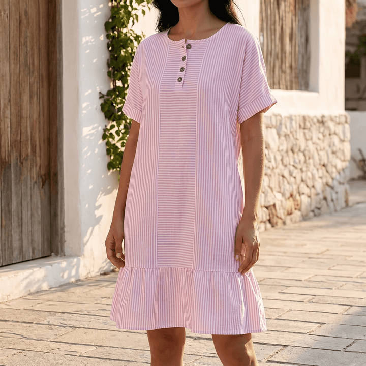 Striped Button-Placket Mini Dress with Pockets | Clova Women&