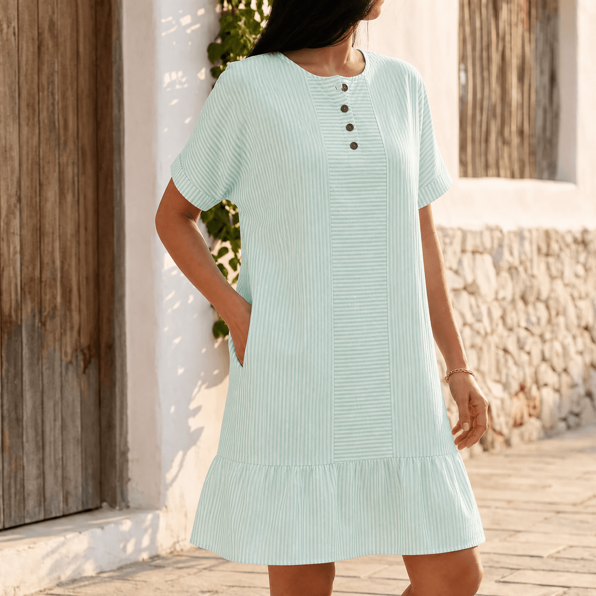 Striped Button-Placket Mini Dress with Pockets — View 12 | Clova