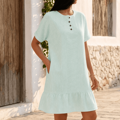 Striped Button-Placket Mini Dress with Pockets — View 12 | Clova