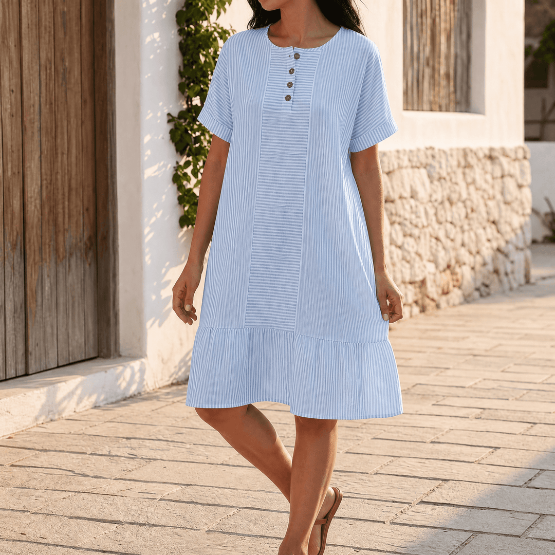 Striped Button-Placket Mini Dress with Pockets — View 10 | Clova