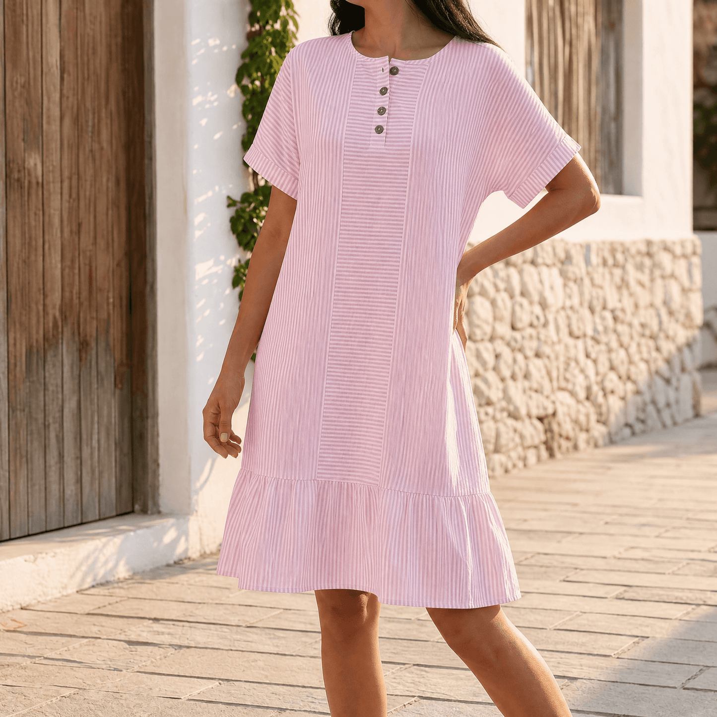 Striped Button-Placket Mini Dress with Pockets — View 11 | Clova