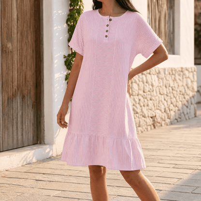 Striped Button-Placket Mini Dress with Pockets — View 11 | Clova