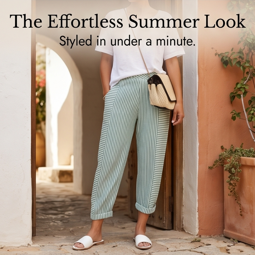 Striped Linen Pants with Elastic Waist — View 6 | Clova