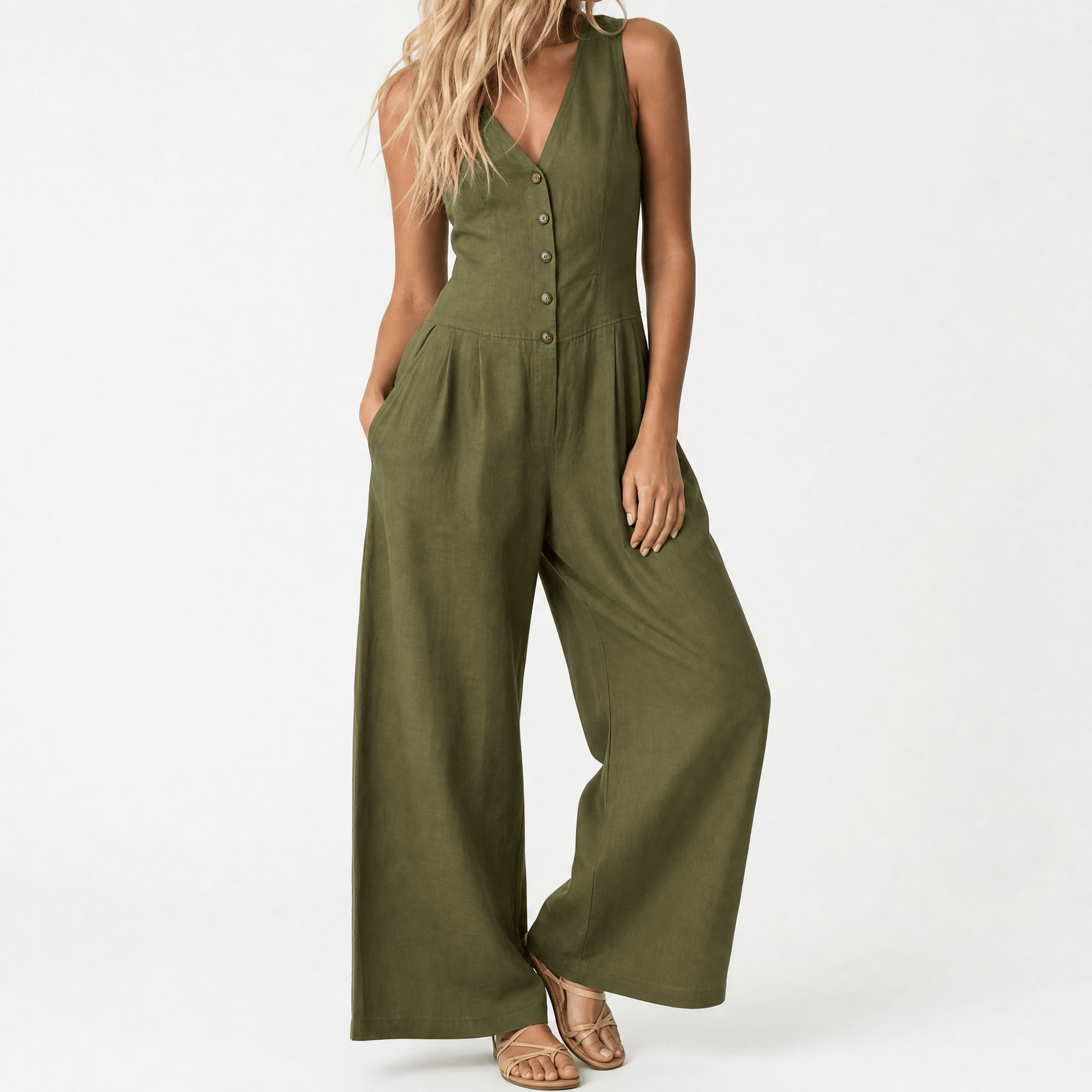 Wide-Leg Button Front Jumpsuit — View 21 | Clova