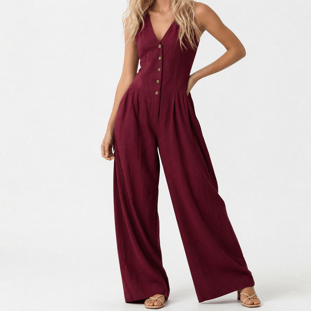 Wide-Leg Button Front Jumpsuit — View 19 | Clova