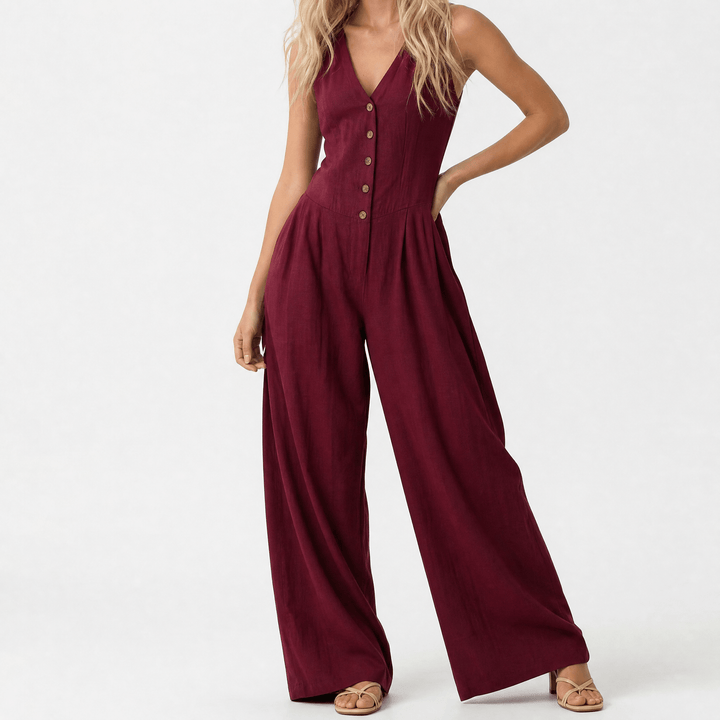Wide-Leg Button Front Jumpsuit — View 19 | Clova