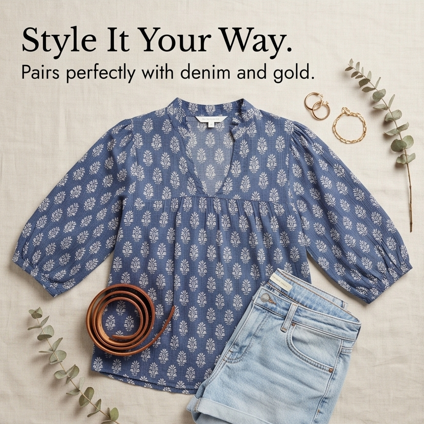 Block-Print V-Neck Summer Blouse — View 10 | Clova
