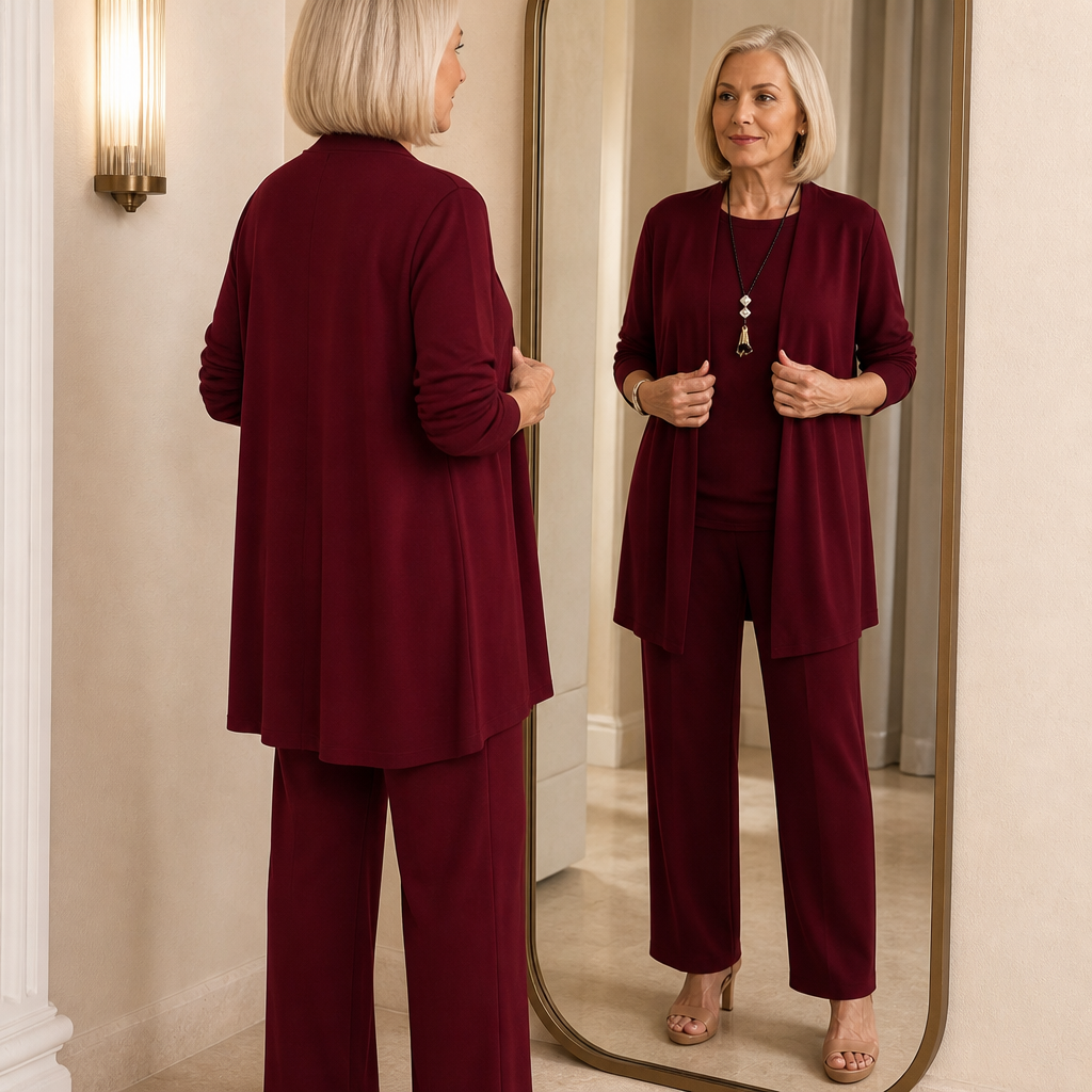 Maevelle Elegant 3-Piece Set with Drape Cardigan — View 6 | Clova