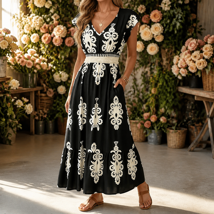Damask Print Midi Dress with V-Neck | Clova Women's Fashion