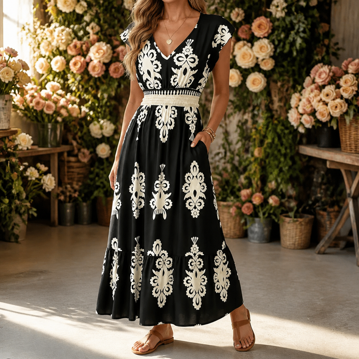 Damask Print Midi Dress with V-Neck | Clova Women&