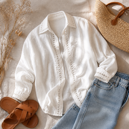 Lunavia Eyelet Trim Button Down Blouse — View 6 | Clova