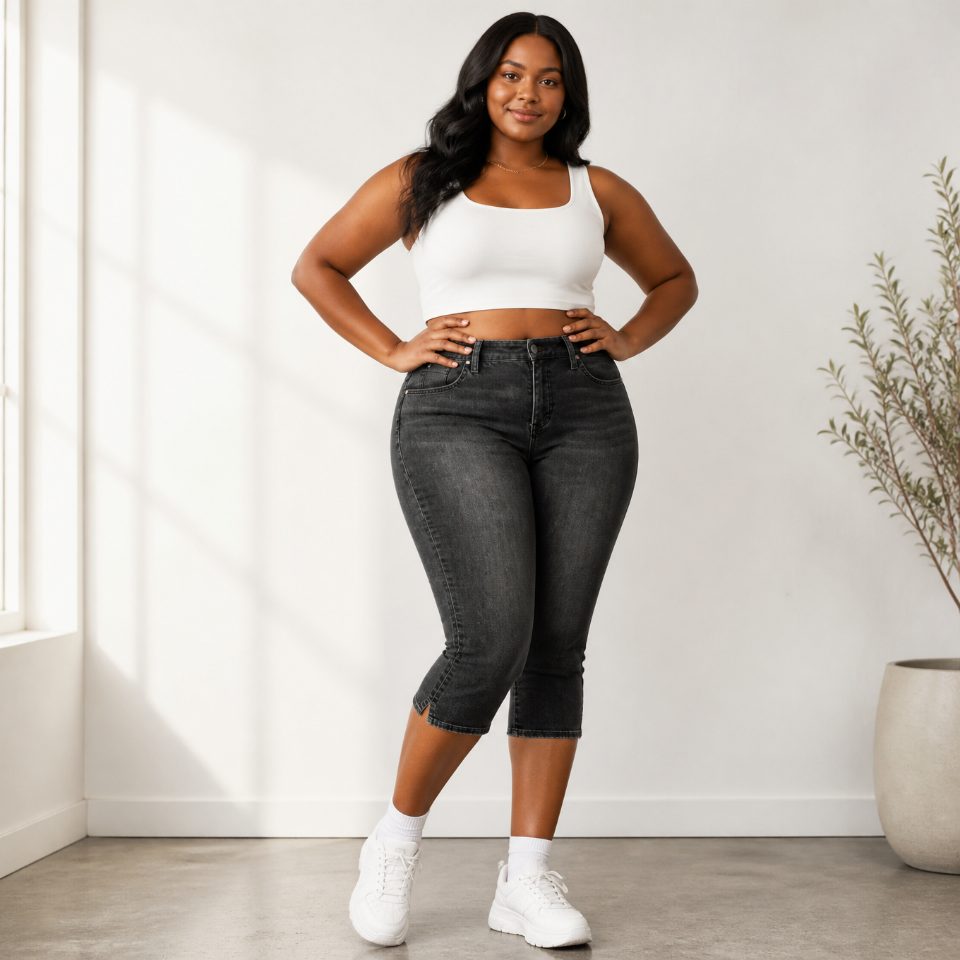 Flattering High-Waist Stretch Denim Capris — View 2 | Clova