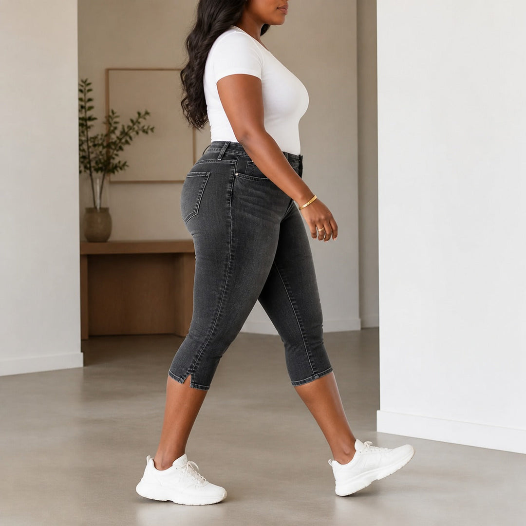 Flattering High-Waist Stretch Denim Capris — View 3 | Clova